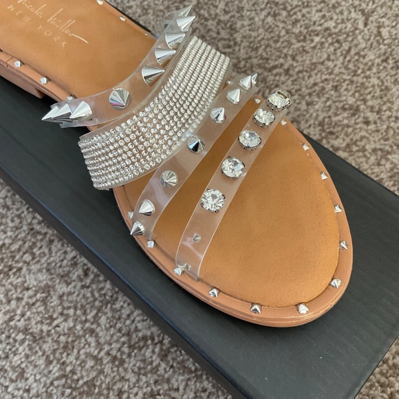 Nicole Miller Sandals, clear with rhinestones,studs, size 7, gently used. - Picture 2 of 5